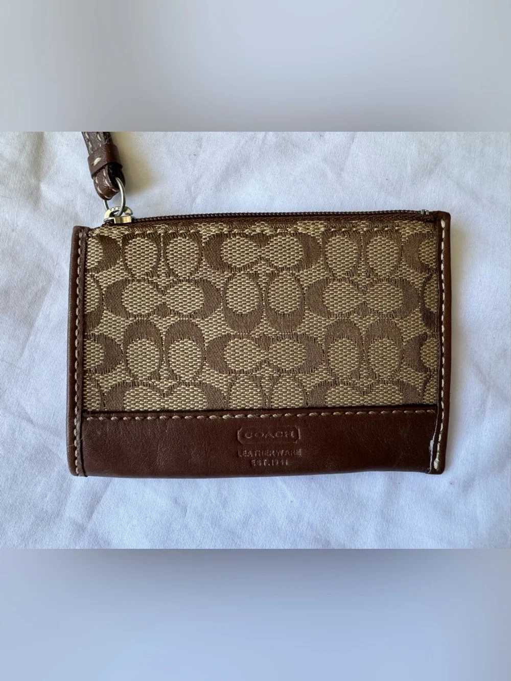 Vintage Coach Signature C Khaki Tan Zip Coin Purse Key Chain 4.5
